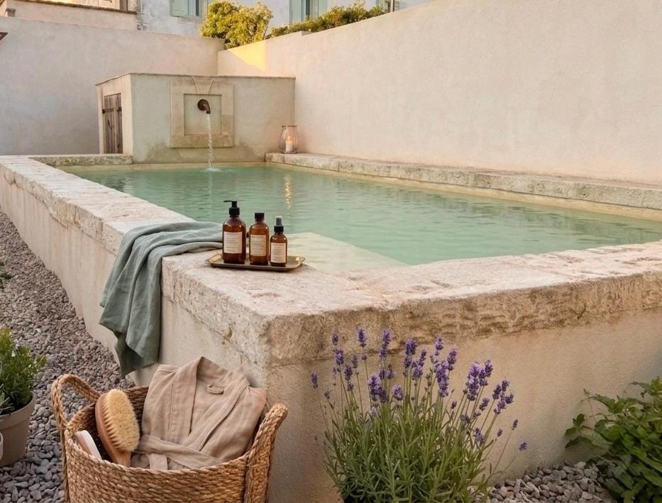 a table with bottles of wine sitting next to a swimming pool at Maison Douce in Châteaurenard