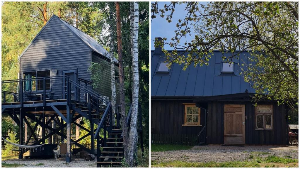 a house with a staircase leading up to a cabin at Zdalnie z Lasu - Siedlisko w Puszczy Białowieskiej in Narewka