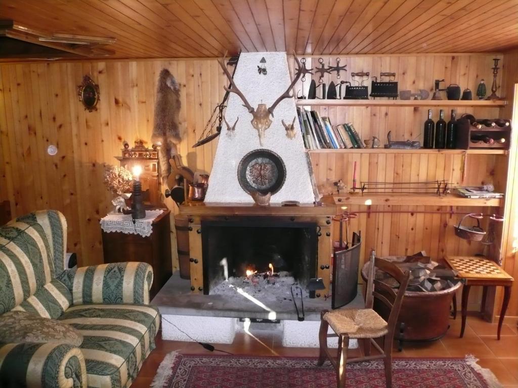 a living room with a fireplace and wooden walls at Chalet Sheila in Andalo