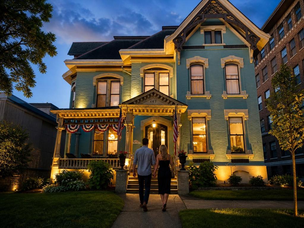 a man and a woman walking in front of a house at The Kalamazoo House Downtown Hotel and Suites in Kalamazoo