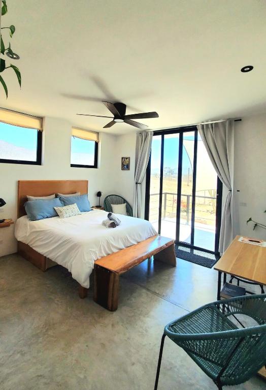 a bedroom with a bed and a ceiling fan at Pitaya Guest Suite in El Pescadero