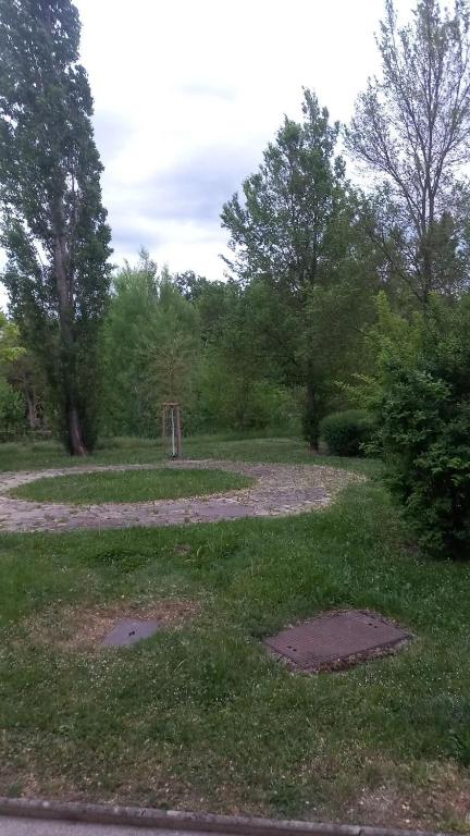 a park with two potholes in the grass at Ferienwohnung in Vienna