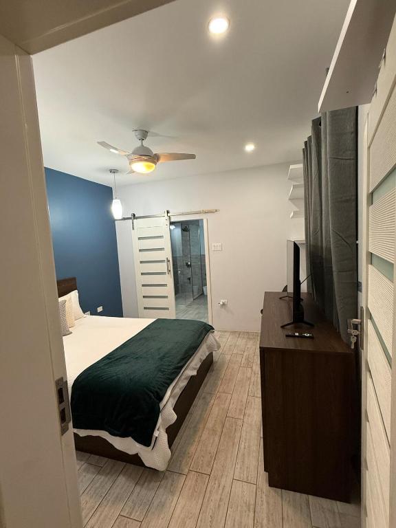 a bedroom with a bed and a ceiling fan at Charm New Kingston in Kingston