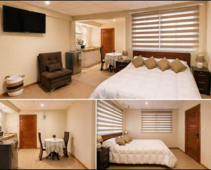 two pictures of a bedroom with a bed and a kitchen at Precioso monoambiente de lujo in La Paz