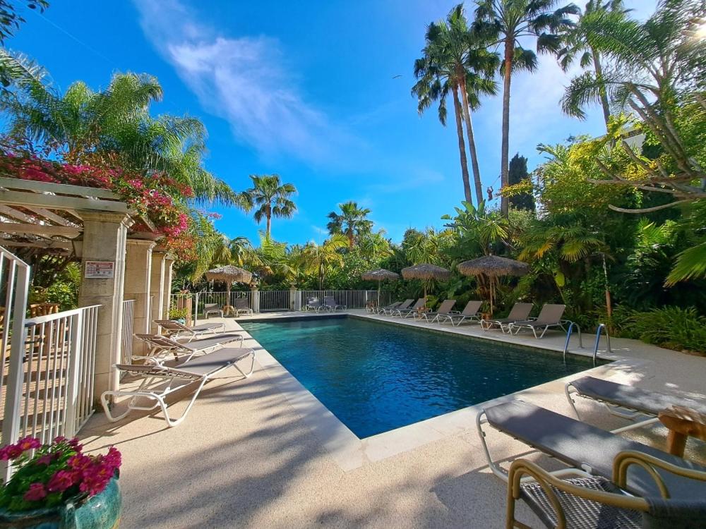 a swimming pool with chairs and umbrellas and palm trees at Residence Veles Plage in Cannes