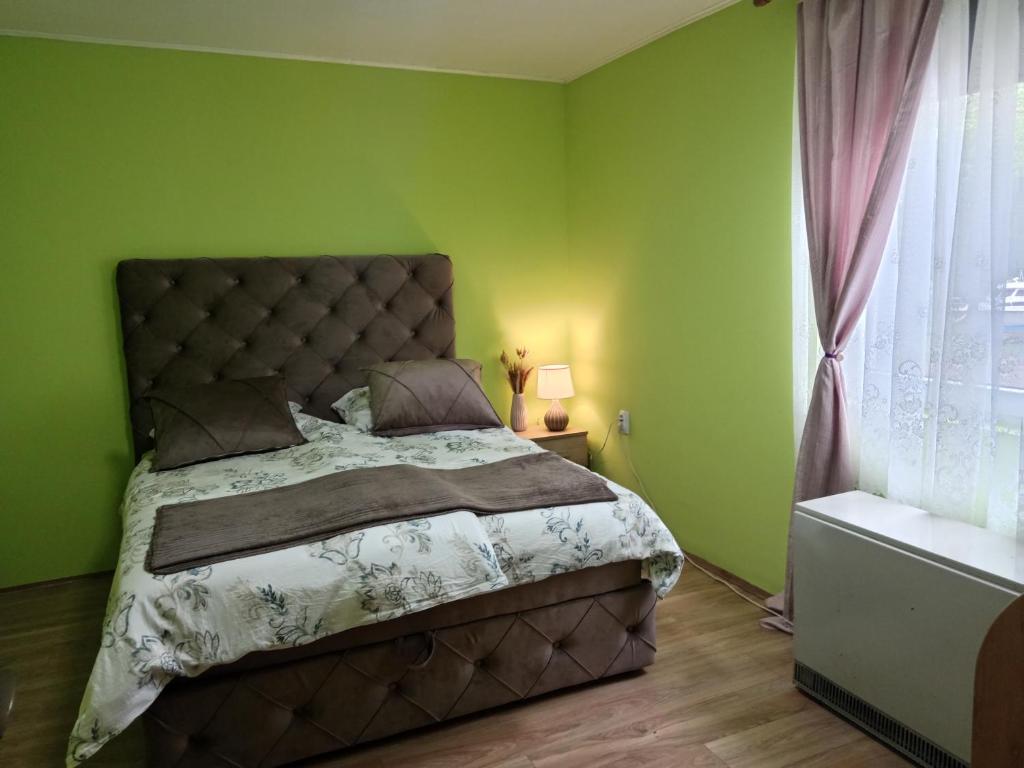 a green bedroom with a bed and a window at Tiski raj in Bečej
