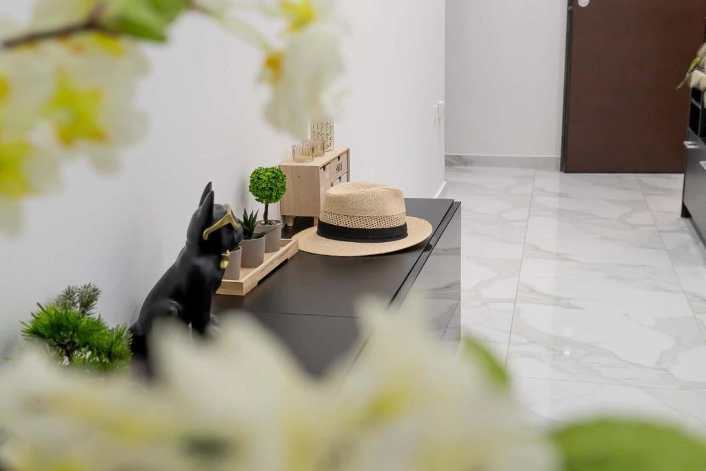 a hat sitting on a table with potted plants at Gkr Luxury Apartments Metro Petralona in Athens