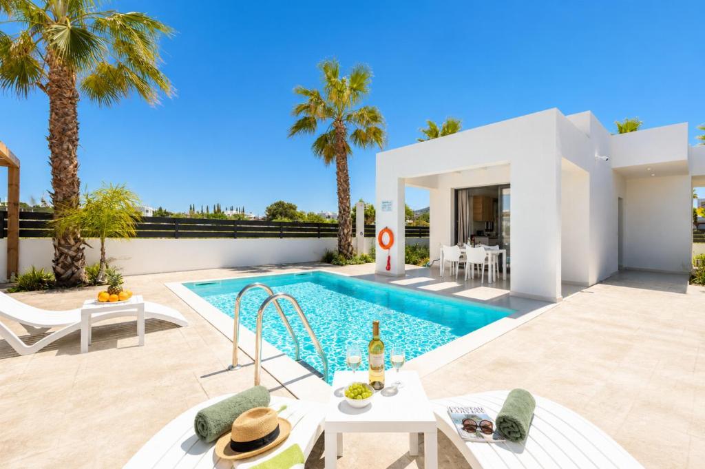 a villa with a swimming pool and palm trees at Villa Salty Sun 2 in Kremasti