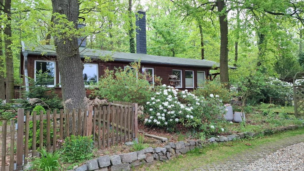 a small house in the woods with a fence at Bungalow am Wald in Coswig