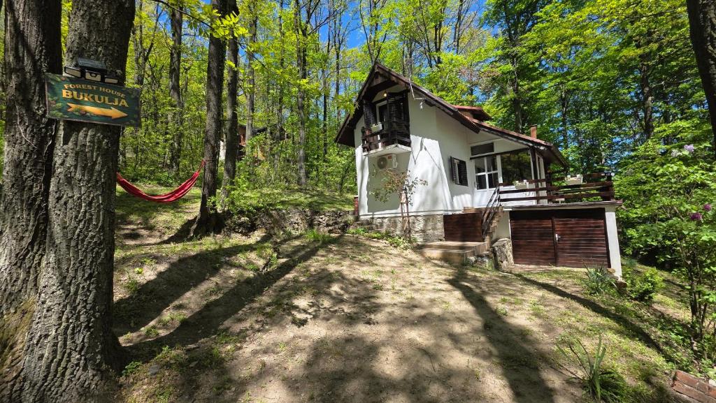 a cabin in the woods with a sign on a tree at Forest House Bukulja in Arandelovac