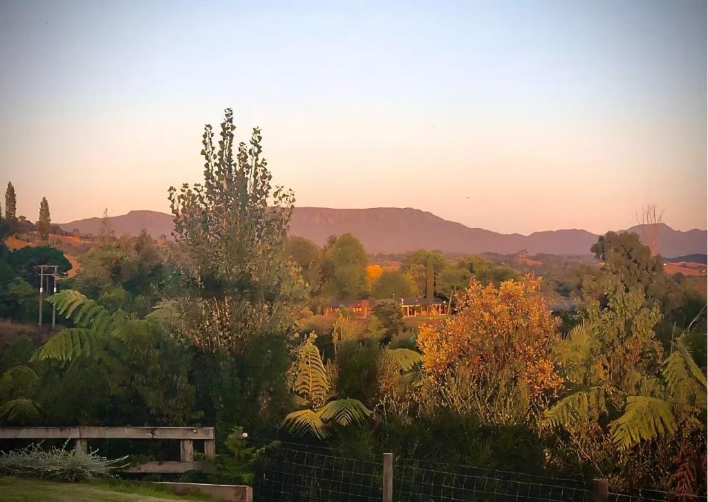 a view of a garden with trees and mountains at Minden Meadows Retreat in Te Puna