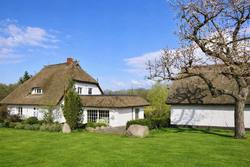 a large white house with a thatched roof at FeWo Findling Ruegen in Putbus