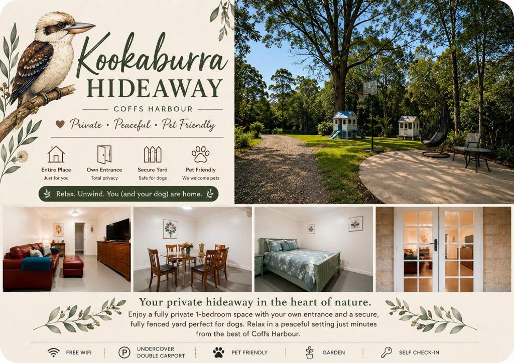 a collage of photos of a house with a bird at Kookaburra Guesthouse in Coffs Harbour
