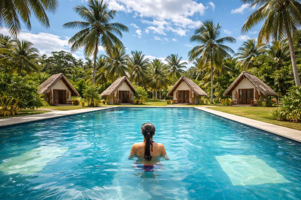 a man in the swimming pool at a resort at Cottage Paramount in Udawalawe