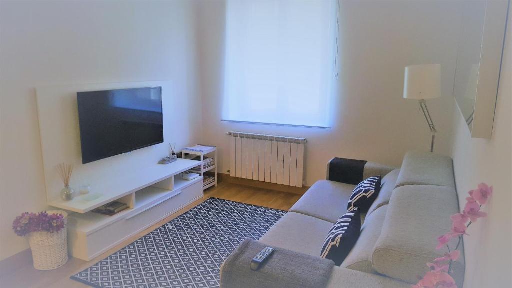 a living room with a couch and a flat screen tv at Concha Centro in San Sebastián