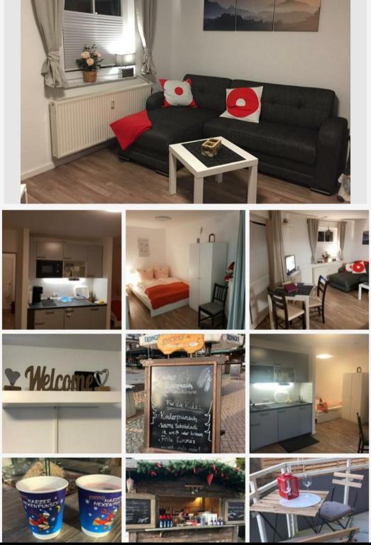 a collage of different pictures of a living room at Harz-Glück1 in Braunlage