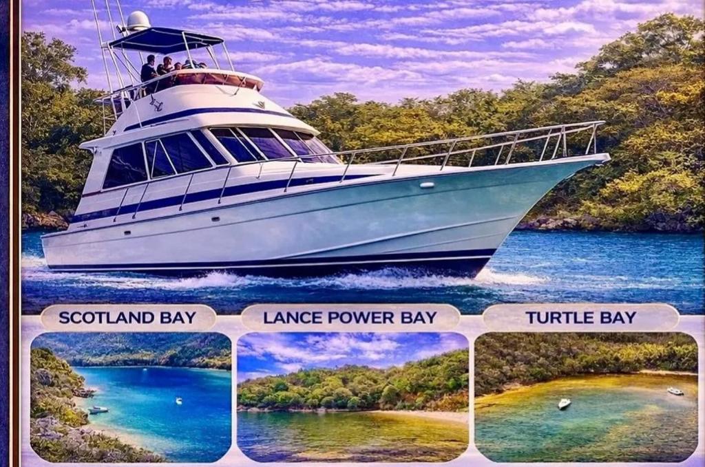 a boat on the water with names of places at Party on the islands in Carenage