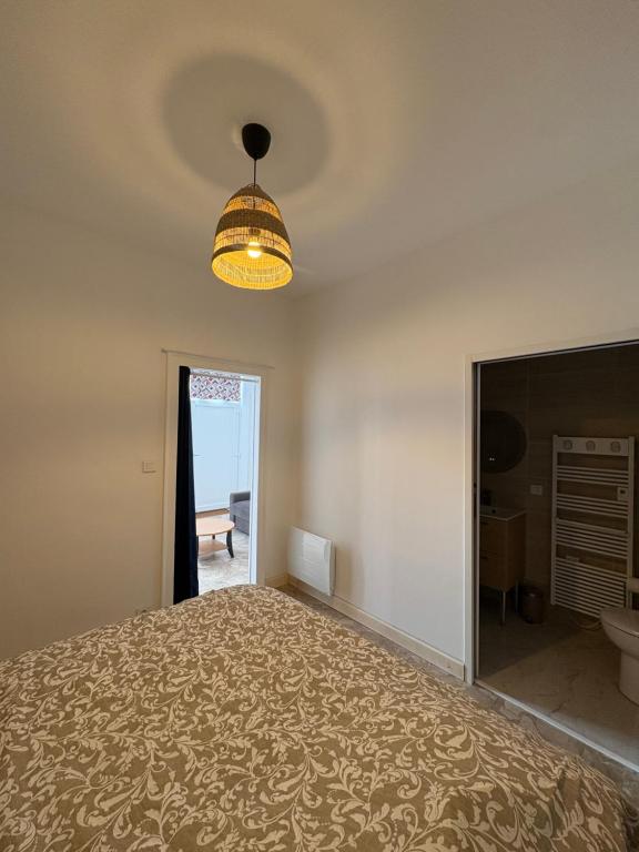 a bedroom with a large bed and a light fixture at Chez Rémi in Écommoy