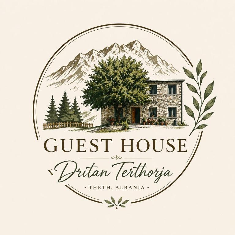 a logo for a guest house in front of a mountain at Guesthouse Dritan Tethorja in Theth