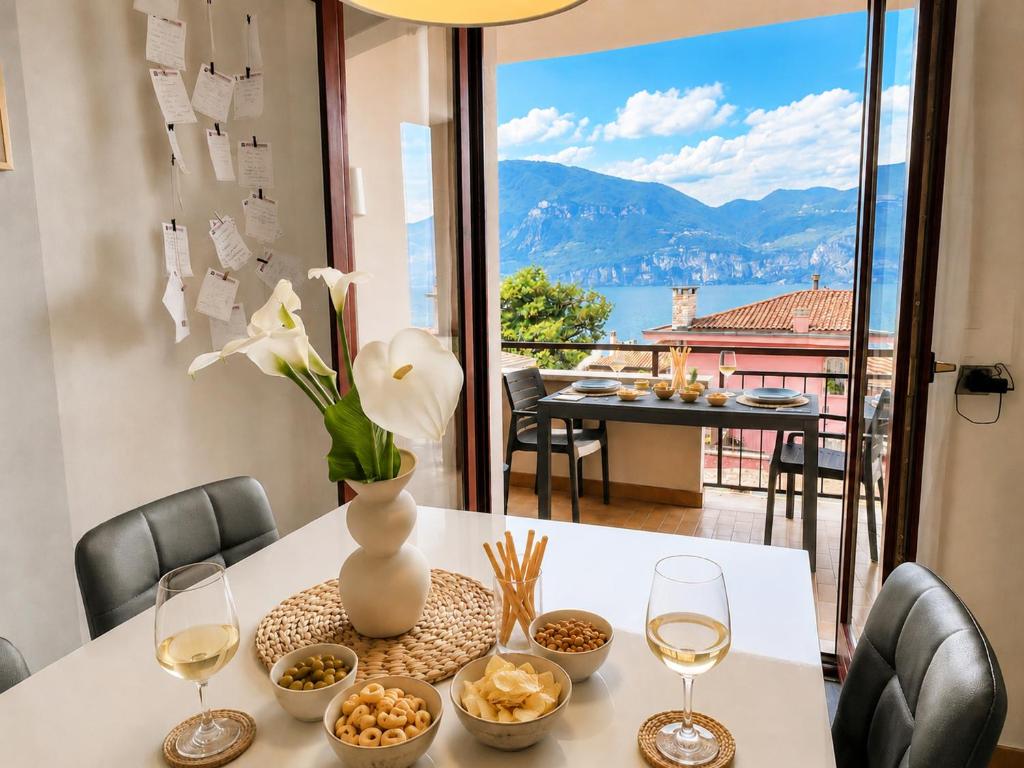 a table with a vase of flowers and wine glasses at Azzurra Beths House in Brenzone sul Garda