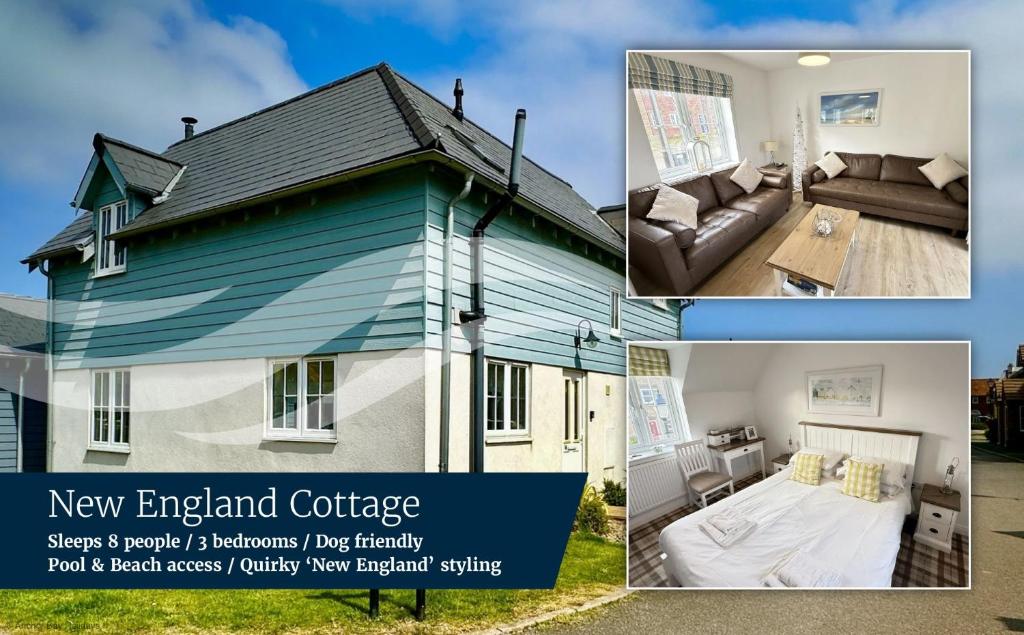 a collage of three pictures of a new england cottage at New England Cottage - Part of the The Bay Filey Holiday Village with pool, gym and direct beach access, pub, restaurant, tennis and meadows walks in Filey