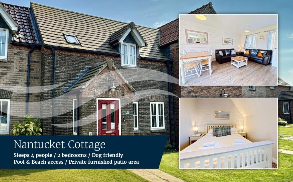 a collage of photos of a house at Nantucket Cottage - Part of the The Bay Filey Holiday Village with pool, gym and direct beach access, pub, restaurant, tennis and meadows walks in Filey