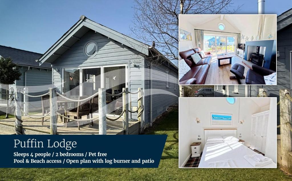 a collage of pictures of a house at Puffin Lodge - Part of the The Bay Filey Holiday Village with pool, gym and direct beach access, pub, restaurant, tennis and meadows walks in Filey