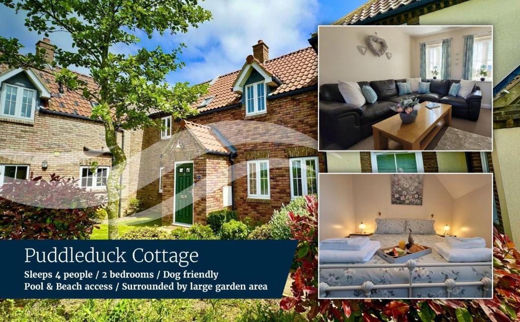 a collage of photos of a house at Puddleduck Cottage - Part of the The Bay Filey Holiday Village with pool, gym and direct beach access, pub, restaurant, tennis and meadows walks in Filey