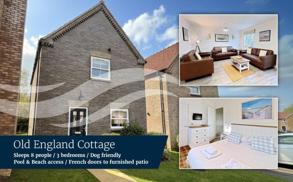 a collage of photos of a house at Old England Cottage - Part of the The Bay Filey Holiday Village with pool, gym and direct beach access, pub, restaurant, tennis and meadows walks in Filey