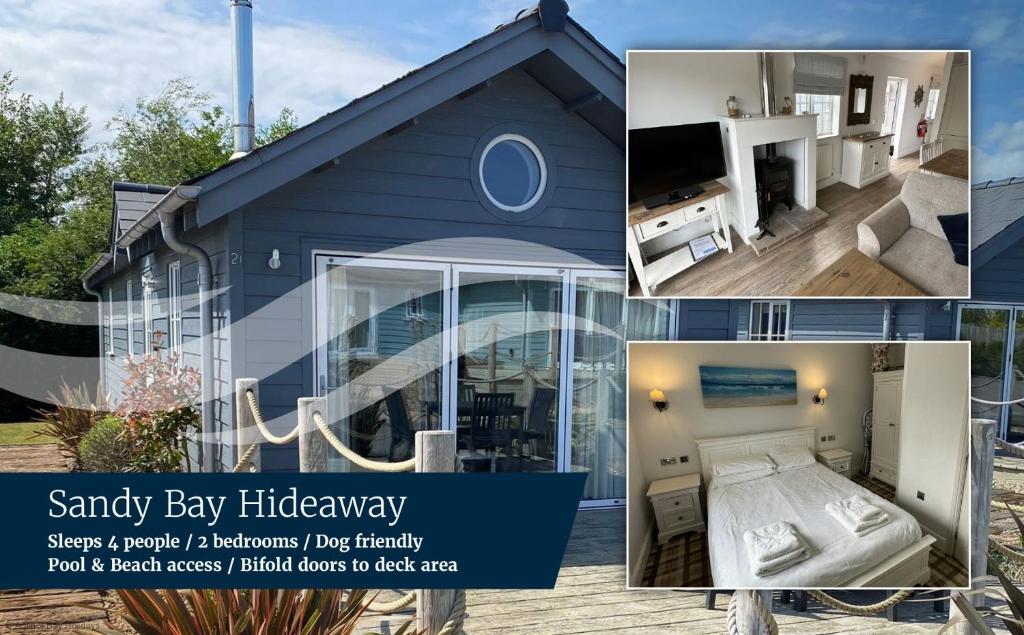 a collage of pictures of a tiny house at Sandy Bay Hideaway - Part of the The Bay Filey Holiday Village with pool, gym and direct beach access, pub, restaurant, tennis and meadows walks in Filey