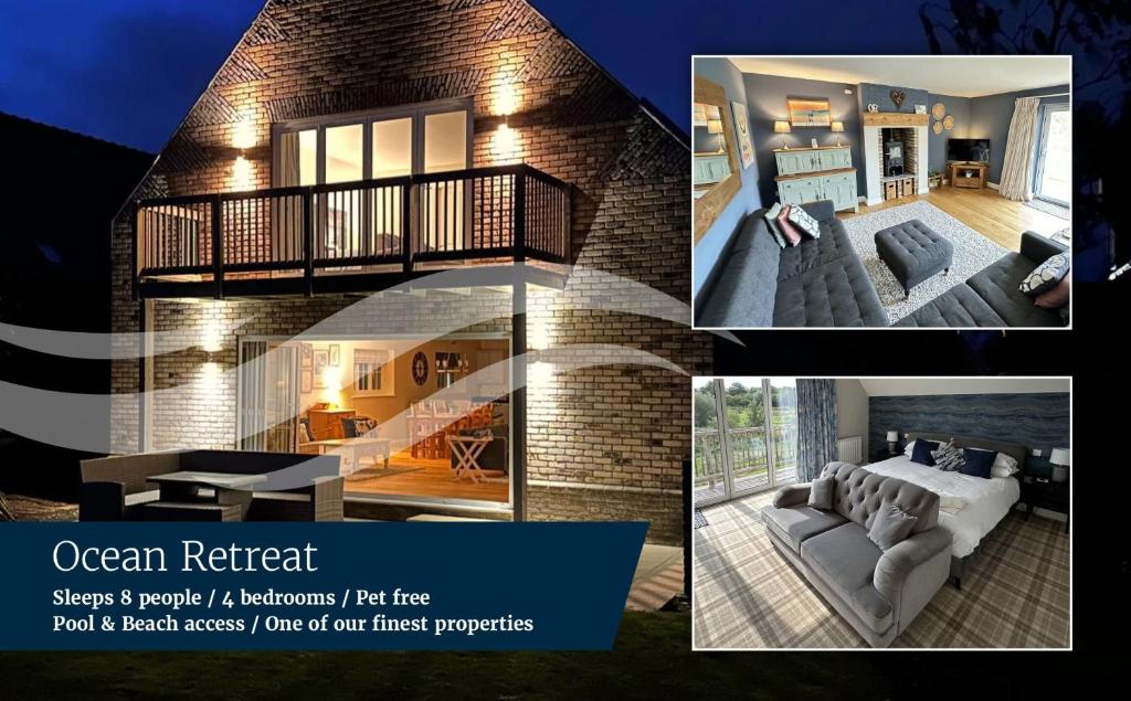 a collage of pictures of a house at Ocean Retreat - Part of the The Bay Filey Holiday Village with pool, gym and direct beach access, pub, restaurant, tennis and meadows walks in Filey