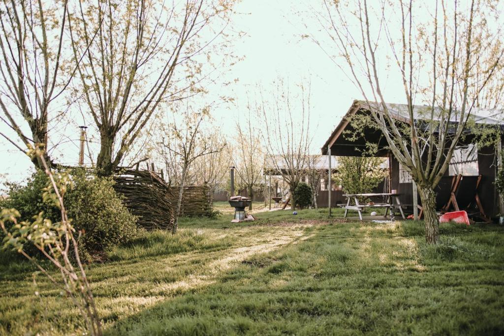 a yard with a barn and a house with trees at Hoeve de Betuwe by Feather Down in Dreumel