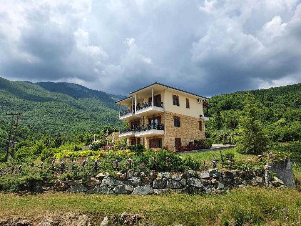 a house on a hill with mountains in the background at Guesthouse Thea in Naousa