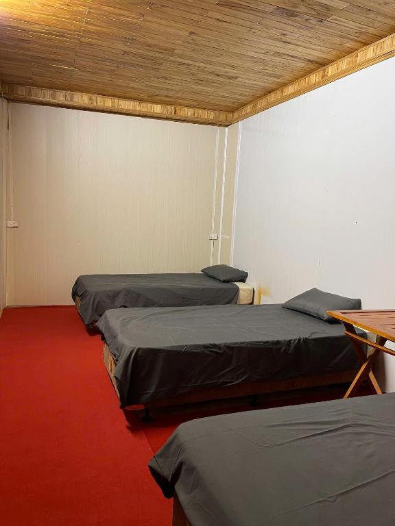three beds in a room with a red carpet at Elephant homestay in Sapa
