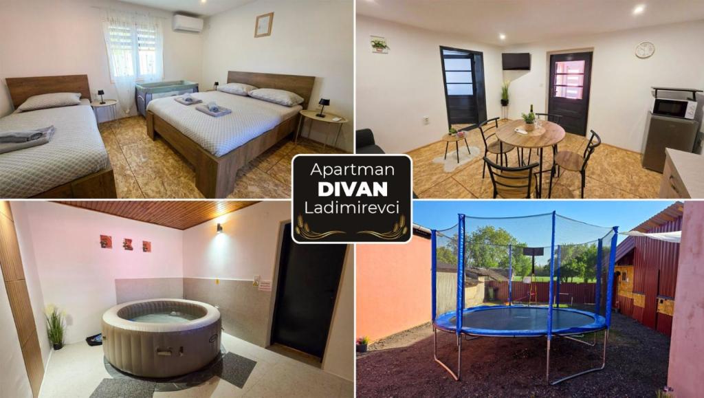 a collage of photos of a bedroom and a room at Apartman DIVAN in Ladimirevci