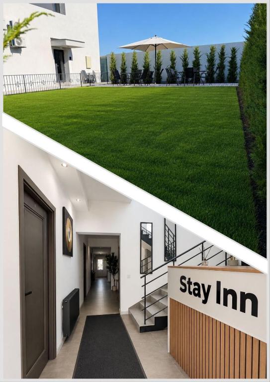 two pictures of a building with a grassy yard at Stay Inn in Galaţi