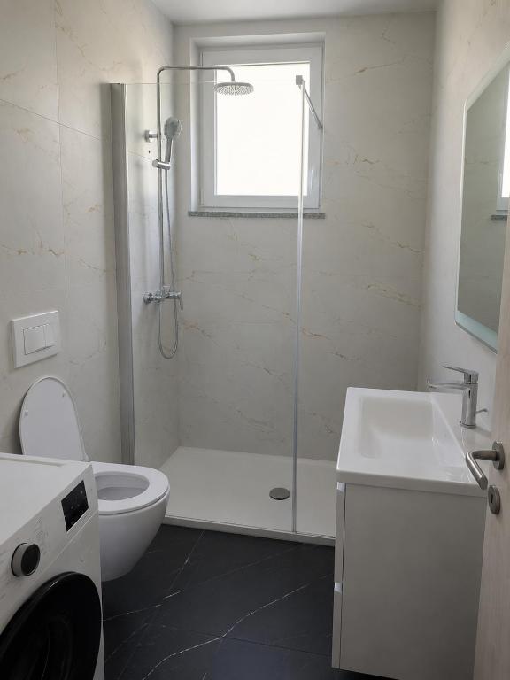 a bathroom with a shower and a toilet and a sink at Apartman Tea in Pićan