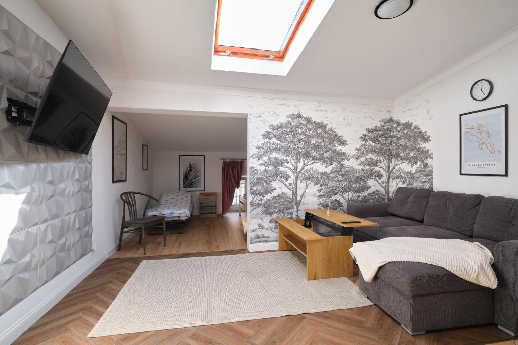 a living room with a couch and a tv at Apartamenty Złotoryja Silver 2 in Złotoryja