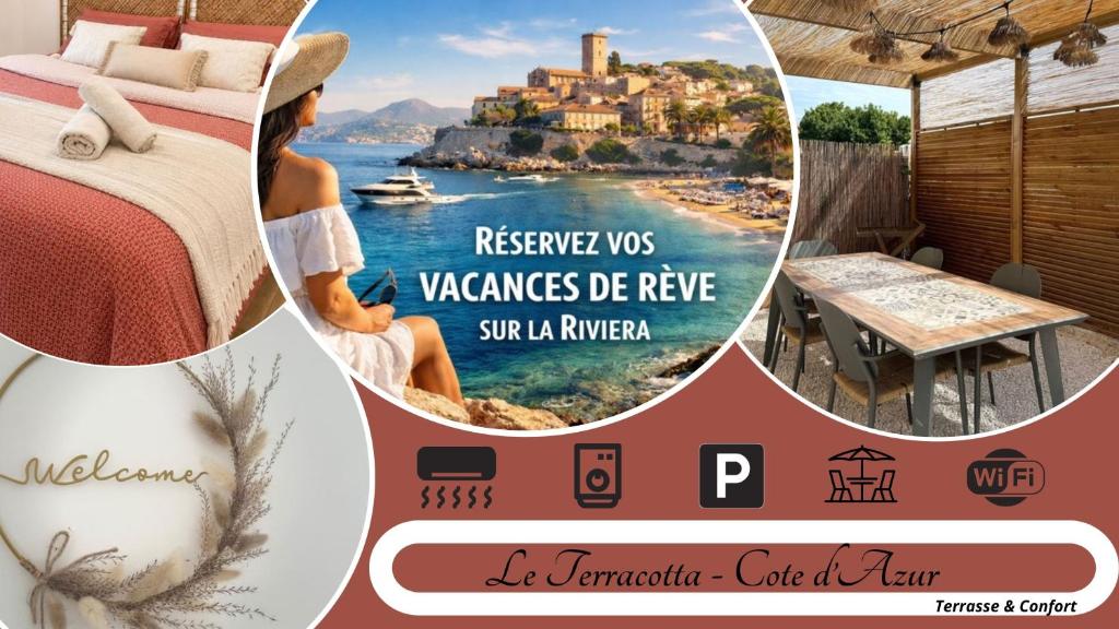 a collage of images of a hotel with a bed and a view at LE TERRACOTTA COTE D'AZUR - Proche PLAGE - Terrasse & Confort - CLIM - Parking et Wifi Gratuit- OFFRE SPECIALE in Fréjus