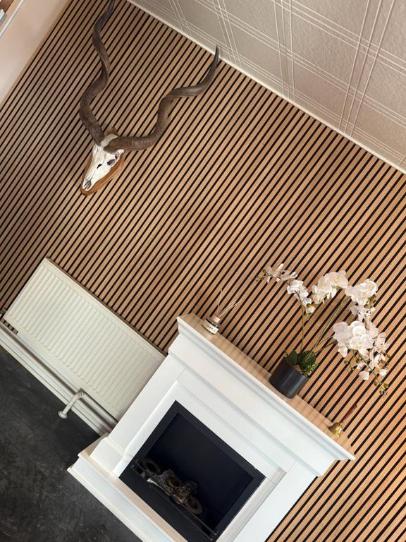 a living room with a fireplace with a deer head on the wall at Humble Kro og Hotel in Humble
