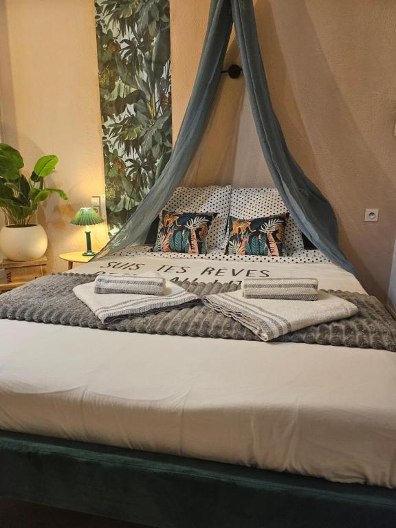 a bed in a room with a canopy at Chambre Mare a Mare in Porto-Vecchio