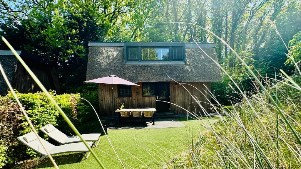 a house with an umbrella and chairs in a yard at Park Heerehof Schoorl in Schoorl
