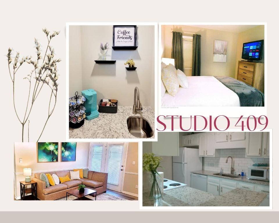 un collage di foto di una camera d'albergo di Studio 409 Spring Lake - Fayetteville Near Fort Brag - Your Accessible Hub with Ultra-Fast WIFI a Spring Lake