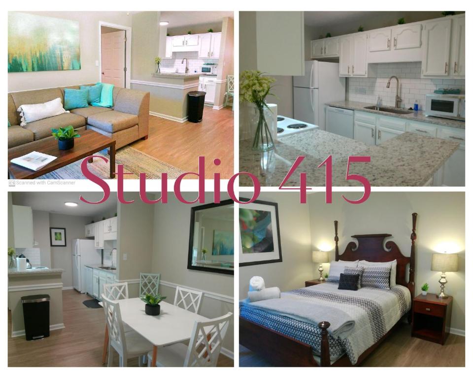 eine Collage aus Bildern eines Wohnzimmers und einer Küche in der Unterkunft Studio 415 Spring Lake - Fayetteville near Fort Bragg - Ground Level Studio with Self Check-in - Perfect for short or long-term stays in Spring Lake
