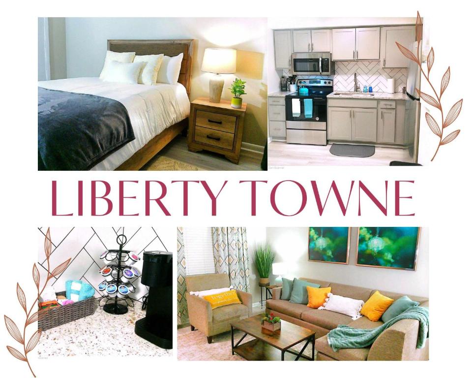 a collage of pictures of a bedroom and a library tower at Liberty Towne Spring Lake - Premium WiFi Near I-95 & Fort Bragg - Perfect for short or long-term stays in Fayetteville
