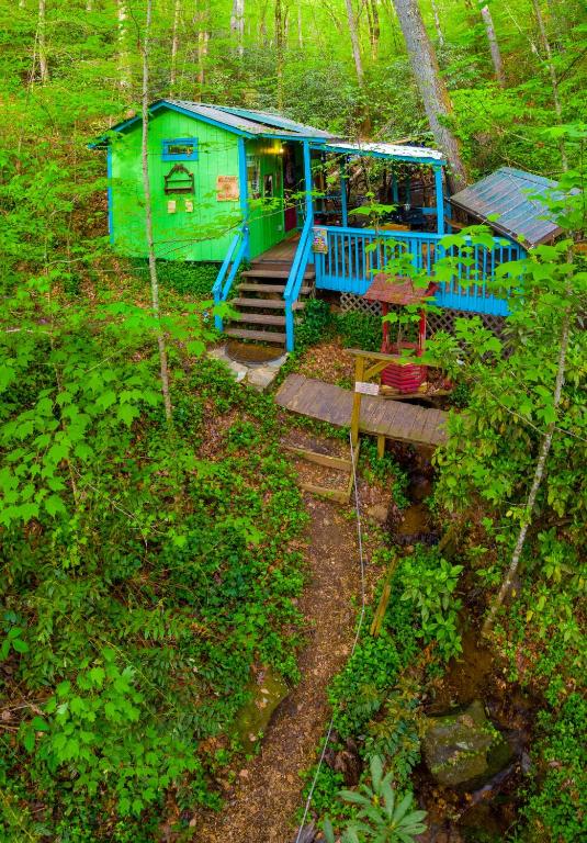 a blue and green house in the middle of a forest at Cozy Cabin in Helen