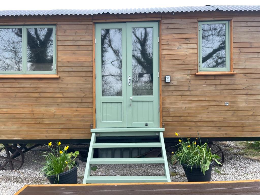 a tiny house with a green door and a ladder at Cosy Shepherd Huts and Cabin near Newborough, Anglesey in Gaerwen