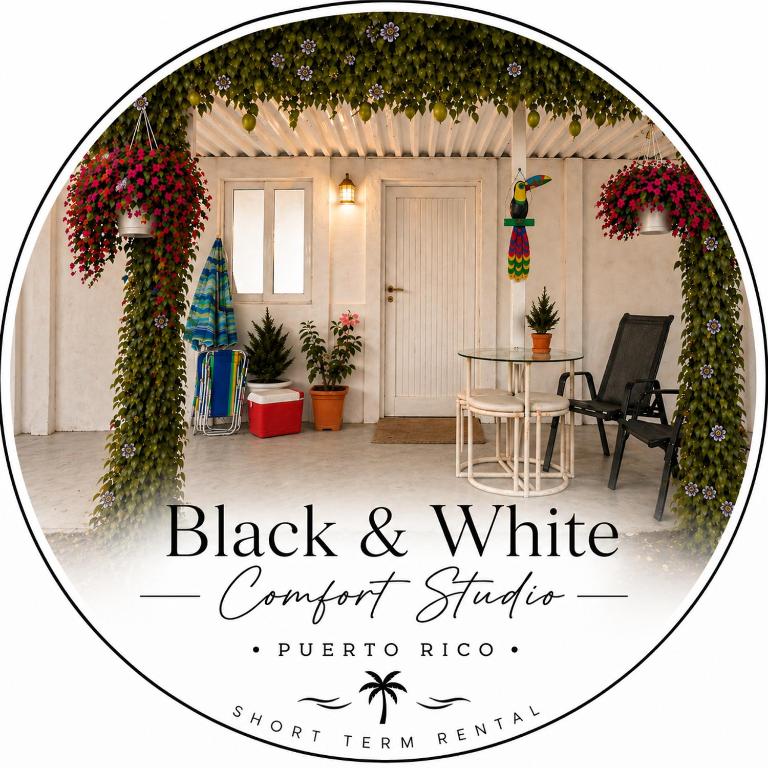 a logo for a black and white compact patio at Black & White Comfort Studio in San Juan