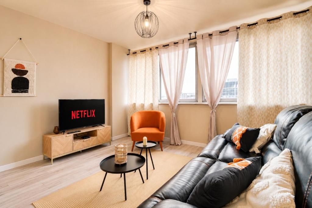 a living room with a couch and a tv at L'Elégance du centre - Nancy Gare Congrès - PARKING - T3 in Nancy