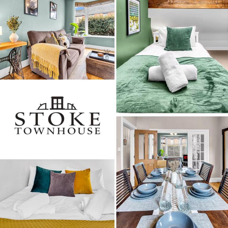 a collage of photos of a bedroom and a house at Spacious Stoke Townhouse 3BR Near Hospital & M6 with Parking in Stoke on Trent